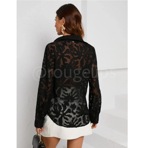 Black Button Up Sheer Shirt Long Sleeve Floral Abstract Pattern Texture - Picture 5 of 8